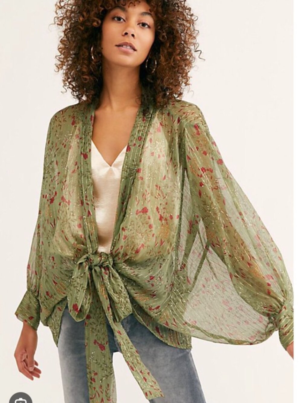 Free People Amazon Tie Front Kimono Green Floral Metallic Boho OS